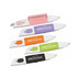 A set of staple removers, letter openers, and memo stickers in purple, orange, pink, and green with branding.