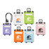 A set of luggage tags in various colours including purple, green, pink, and blue, featuring logos.