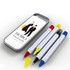 A pen set in a grey case featuring four pens: black, red, blue, and yellow, with a logo on the lid.