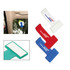 A set of multi-coloured office clips in green, white, red, and blue, featuring a logo.