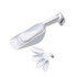 A set of white measuring scoops in various sizes, featuring a looped handle for easy storage and a logo.