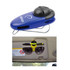A blue sunglasses holder with a black clip, designed for car sun visors, holding a pair of sunglasses.