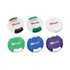 A set of six pill boxes in white, green, and purple, featuring a logo on the top of each.