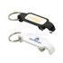 A drink bottle opener in black and white, featuring a keyring and a logo on each piece.