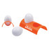 An orange condiment holder with two white egg-shaped containers, one resting on the holder. The holder has a logo.