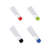 Four phone stands in white with coloured accents: red, green, black, and blue. Each has a unique shape and a logo.