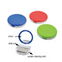 A collection of three circular mobile stands in red, blue, and green, featuring a mirror and a screen cleaning cloth inside.
