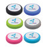 A set of six colourful silicone cases for earbuds, featuring a logo on the top of each case.