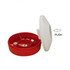 A red pill box with a white lid, featuring multiple compartments for organizing medication.