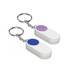 A pill box set featuring two white containers with purple and blue circular lids, attached to keyring chains.