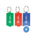 A set of three key tags in green, red, and blue, with a blue keyring included. Each tag features a logo.