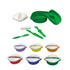 A green lunch box set featuring cutlery, with additional containers in purple, yellow, and orange. Each has a clear lid and a logo.