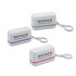 Earbuds in cases, featuring three colours: white with blue, green, and red accents. Each case has a loop for attachment.