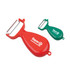 A red and green peeler set featuring two different sizes, each with a logo.