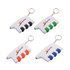 A multi-coloured keychain massager with four buttons, featuring a logo on a white background.