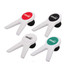 A set of four wine stoppers in red, black, green, and white, featuring a logo on each.
