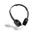 A pair of black foldable headphones with a white audio cable, featuring a minimalist design and a logo.