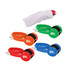 Foldable headphones in orange, green, red, and blue, accompanied by a white storage pouch.