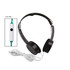 Foldable black headphones with a microphone, featuring a white control panel and a white audio cable.