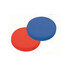 A red and blue round cushion set, featuring a smooth surface and a simple design. Each cushion has a logo.