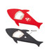 A drink bottle opener shaped like a shark, available in red and black, featuring a magnet and a branded logo.