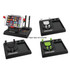 A black phone stand with various compartments, featuring red and green holders for pens and other items.