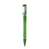 A green plastic pen with a chrome clip and grip, featuring a click mechanism. It has a logo on the body.