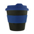 A drink cup featuring a black body with a blue silicone sleeve and lid, equipped with a logo.