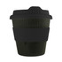 A drink bottle featuring a black reusable coffee cup with a ribbed design and a matching silicone sleeve.