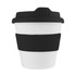 A reusable coffee cup in white with a black silicone band and lid, featuring a branding logo.