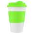 A reusable coffee cup in bright green and white, featuring a textured grip and a lid, with branding.
