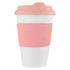 A drink bottle featuring a white body with a pink lid and silicone sleeve, branded as a reusable coffee cup.