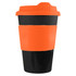 A drink bottle featuring a black and orange design, with a ribbed sleeve and a lid. It has a logo.