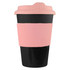 A drink bottle featuring a black base and a pink silicone sleeve and lid, with a logo on the side.