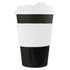 A drink bottle in black and white, featuring a ribbed sleeve and a lid, suitable for reusable coffee.