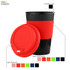 A drink bottle featuring a black plastic cup with a red silicone band and lid, displaying branding elements.