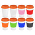 A collection of eight reusable coffee cups in white, pink, red, green, blue, and black, each with orange lids and sleeves.