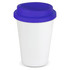 A reusable coffee cup featuring a white body and a purple silicone lid. It includes a logo.