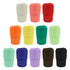 A collection of reusable coffee cups in various colours, featuring a textured grip and a lid, each with a logo.