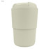A reusable coffee cup in white with a textured grip and a lid. Features a branding logo.