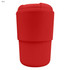 A red reusable coffee cup with ribbed detail and a matching lid. It features a logo on the surface.