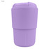 A reusable coffee cup in a soft purple colour with a ribbed texture and a lid. It features a logo.