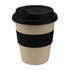 A reusable coffee cup in light tan with a black rubber sleeve and black lid, featuring a logo.