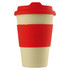A reusable coffee cup in cream with a red silicone grip and lid, featuring a logo on the surface.