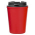 A red reusable coffee cup with a black lid, featuring a logo. Perfect for on-the-go beverages.