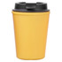 A reusable coffee cup in bright yellow with a black lid and logo. Perfect for eco-friendly drinkware.