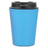 A reusable coffee cup in bright blue with a black lid, featuring a logo.