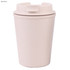 A reusable coffee cup in a light pink colour, made from bamboo, featuring a lid and a logo.