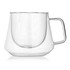 A drink cup with a transparent design, featuring a unique shape and a sturdy handle. Includes branding.