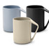 A drinkware set featuring three reusable coffee cups in blue, black, and cream, each with a distinctive handle and a logo.